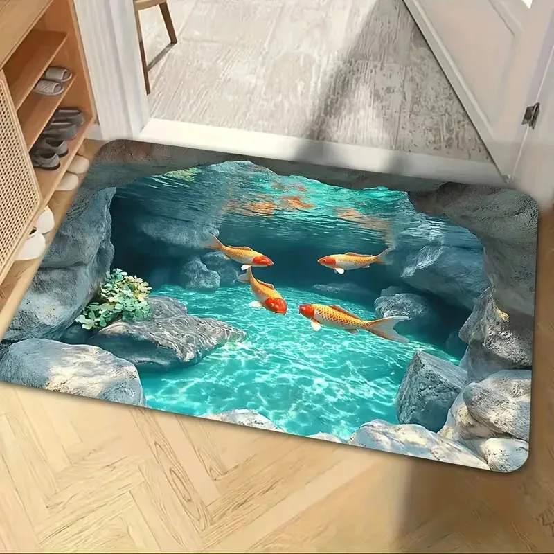 Paillasson VIKAMA 3D Illusion Koi, tapis d'entrée doux et antidérapant au design réaliste de poisson, tapis de décoration d'intérieur unique et amusant ​