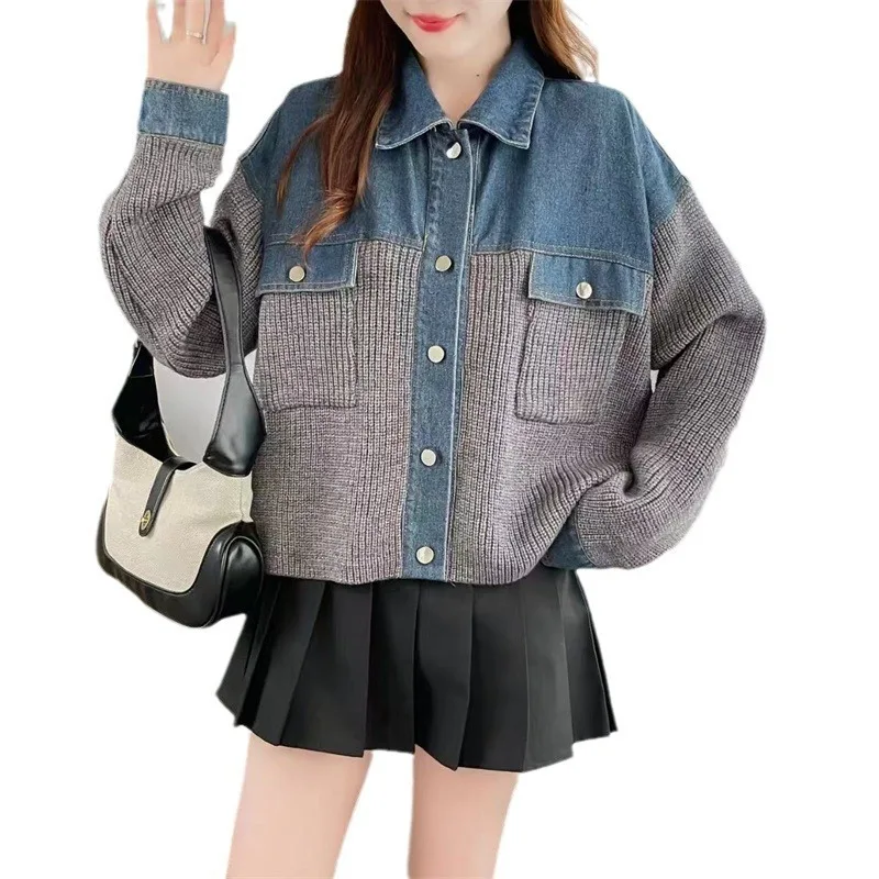 [EWQ] Sweet Patchwork Denim Knitted Patchwork Design Women\'s Khaki Sweater Jacket Autumn 2024 Winter Loose Tops  16O1345