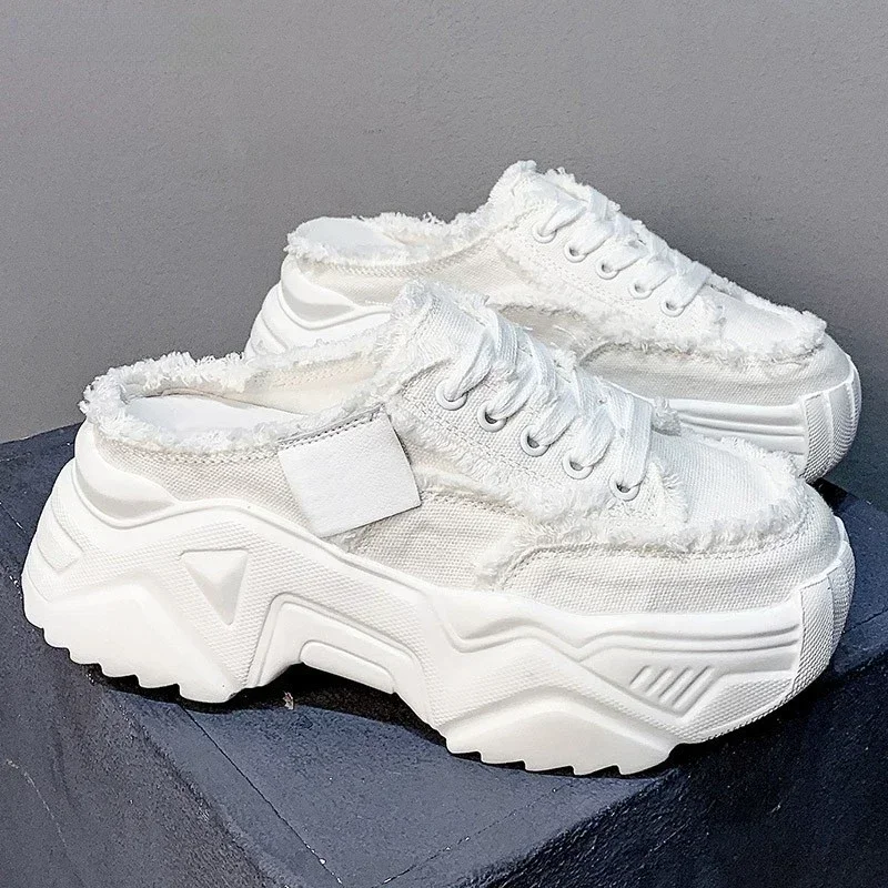 

Fashion The New Women Slippers Lace Up Wedges Half Slipper Canvas Shoes Platform Comfort High Heels Women Summer Slidders