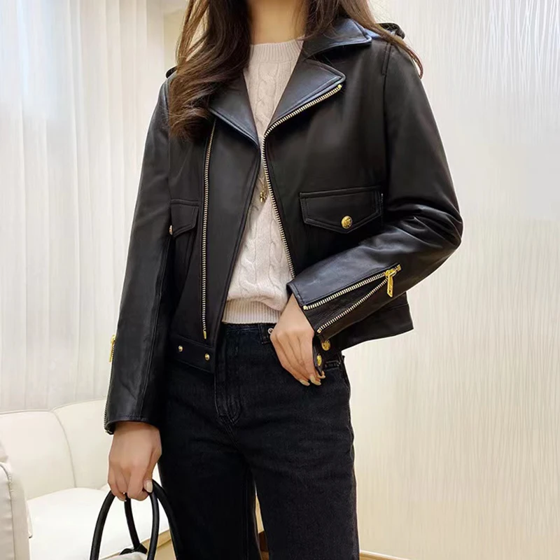 Natural Sheepskin Coat Women's Winter Slant Zipper Lapel Pocket Black Short Slim Stylish Locomotive Leather Jacket Kadın Mont