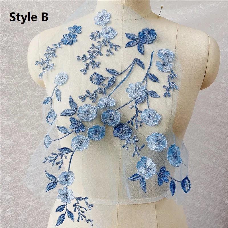 Blue Floral Lace Fabric, Embroidered Flower Applique, Patch, DIY Sewing Supplies, Wedding Dress Clothing, DIY Decals