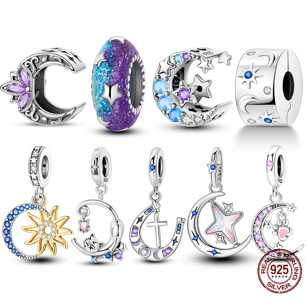 

100% Real 925 Sterling Silver Star Moon Charms Pendant Beads Fit Original Bracelet Necklace DIY Gift Women