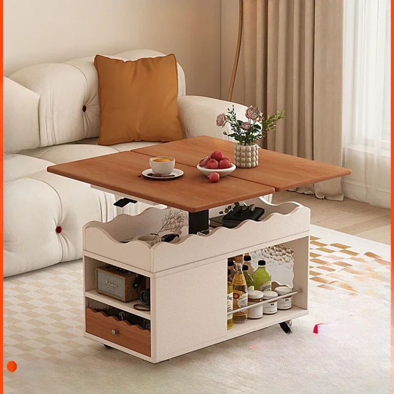 Antique lifting square table with cream, coffee table with adjustable height in the living room, mini movable small tea table