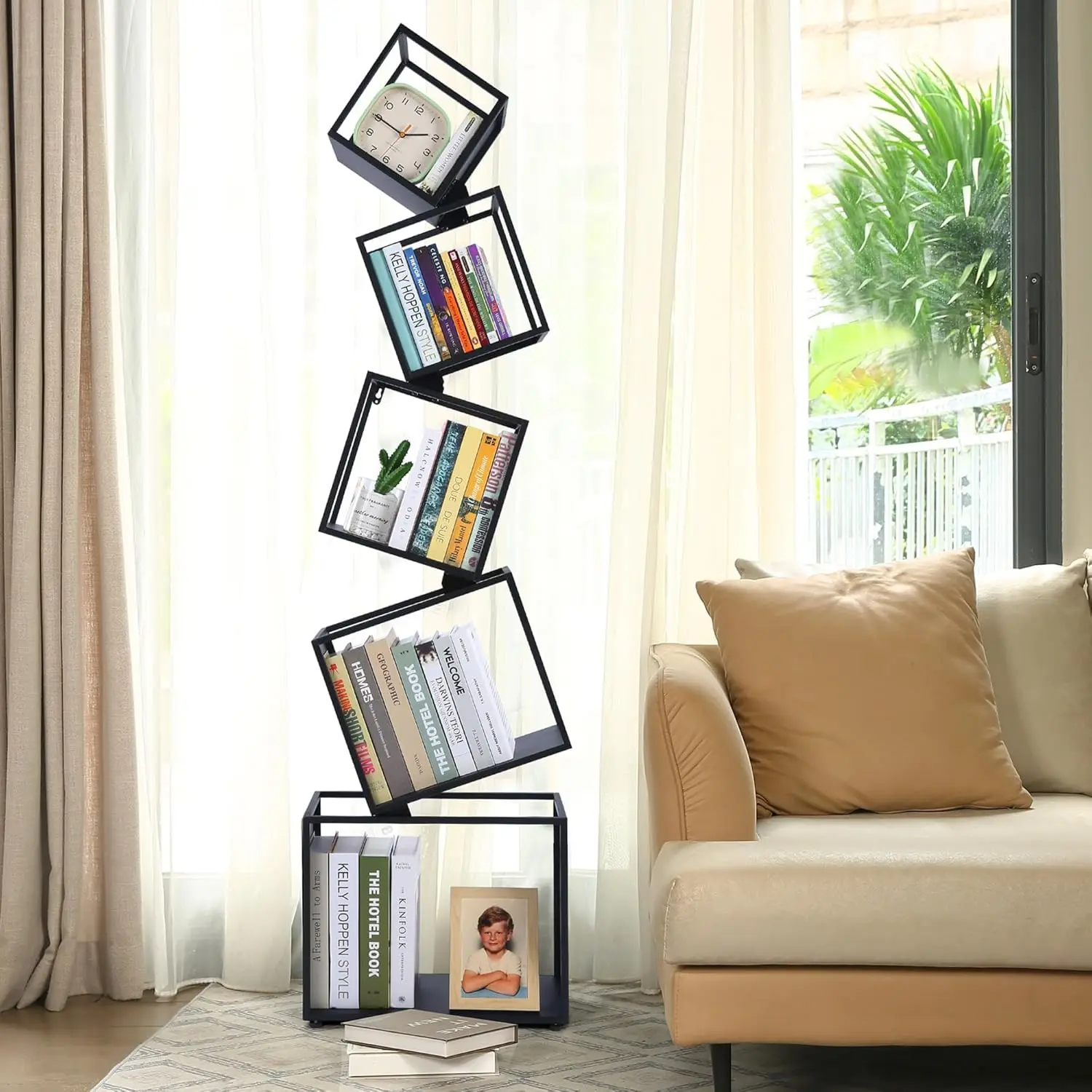 Tall Black Bookshelf, Modern Book Shelf, Storage Shelves for CDs/Books/Home Decor, Display Shelf for Living Room, Bedroom, Study