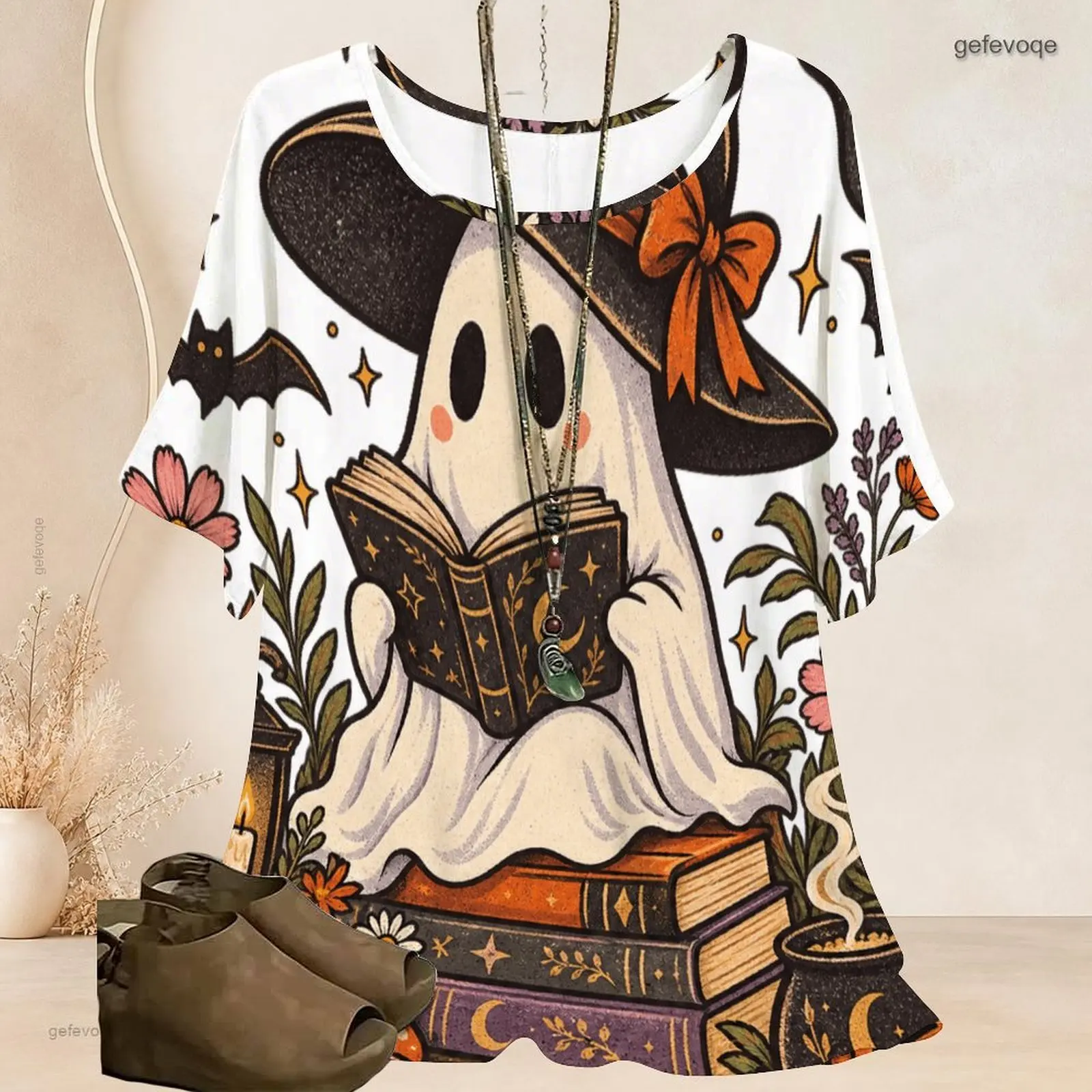 Women Round Neck Loose Short Batwing Sleeve Printed Top Witch Frog Cauldron Mushroom Moon Star Pattern Top