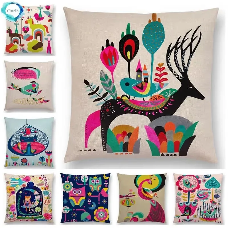 Cartoon Sofa Throw Pillow Case Colorful Animals Bird Cat Deer Peacock Owl Flowers Song Cushion Cover