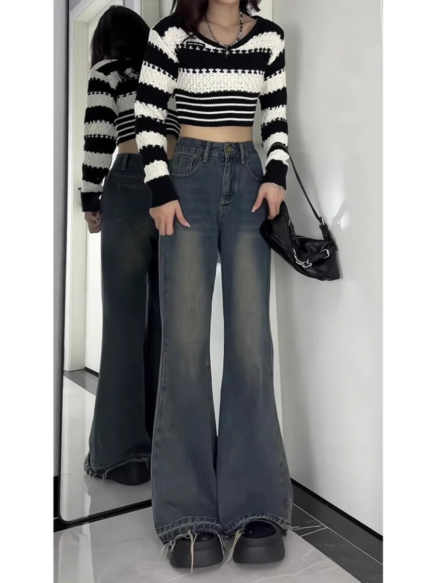 

Retro Blue Bell Bot Jeans Women plus Size High Waist Slimming American Sle Straight Leg Floor Length Pants Autumn Winter