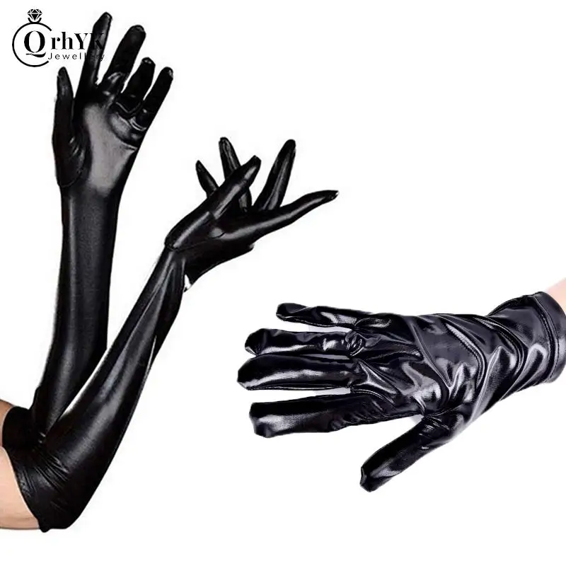 

Sexy Elbow Length Long Latex Gloves Gold Silver Wet Look Fake Leather Metallic Gloves Evening Party Performance Mittens Women