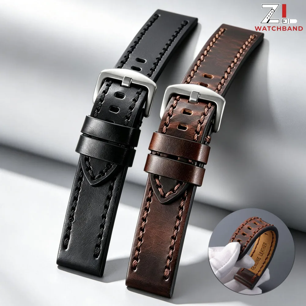 Bracelet de montre en cuir de vachette fait main, cousu, 18mm 20mm 22mm 24mm, en cuir pleine fleur ciré vintage, pour hommes