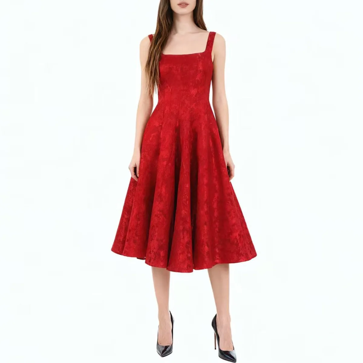 Ele 2025 New Women's Slimming Floral Embroidery Par Dr High Waist A-Line Midi Dr Svel Zipper Closure