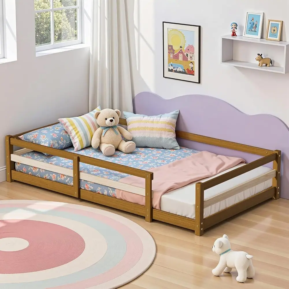 

Montessori Twin Bed Frame for Kids - Wood Strip Design with Safety Guardrails, Light Espresso Finish
