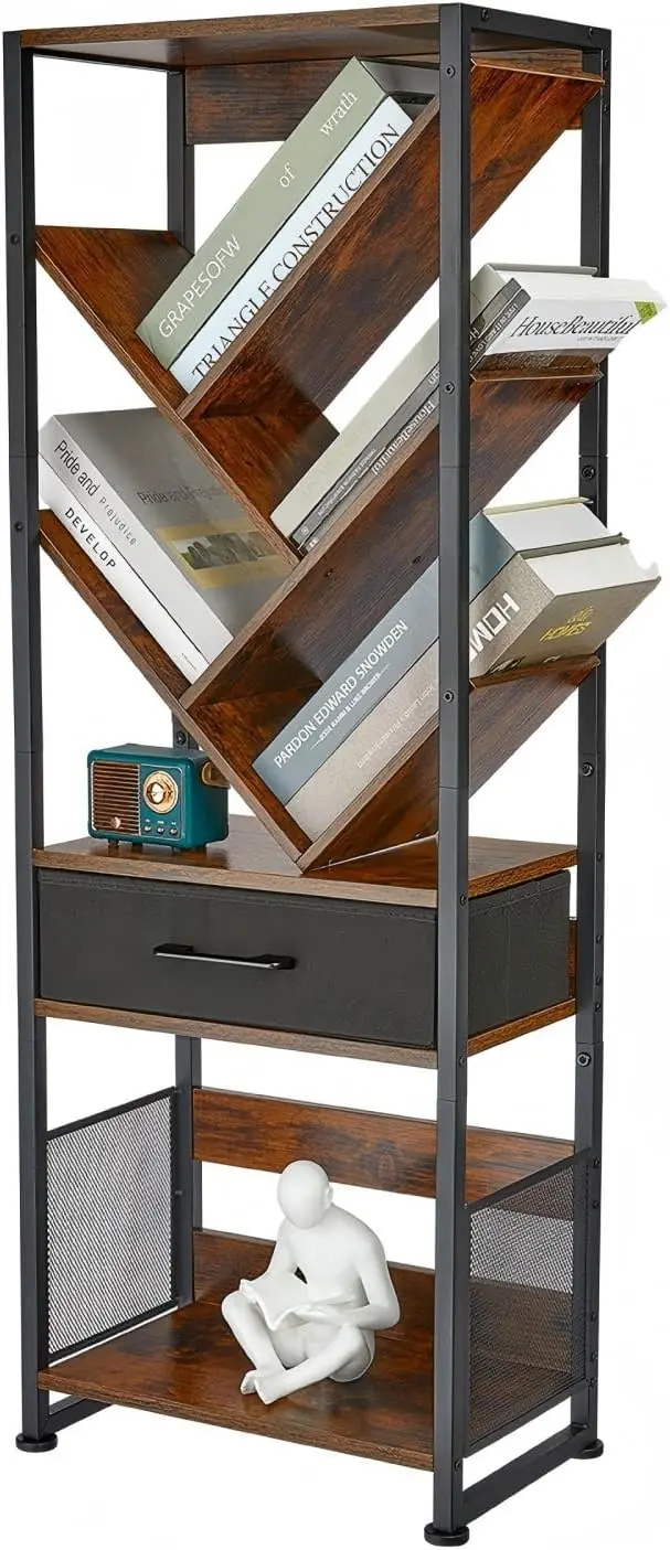 

8-Tier Tree Bookcase with Drawer, Retro Floor Standing Bookshelf, Wood Cabinet Storage for Living Room, Bedroom & Home Office