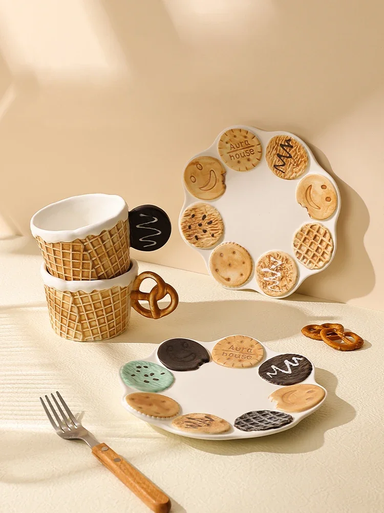 Cartoon Biscuit Ceramic Dinner Plates High Beauty Afternoon Tea Cute Coffee Cup Handmade Painting Underglaze Color Tableware