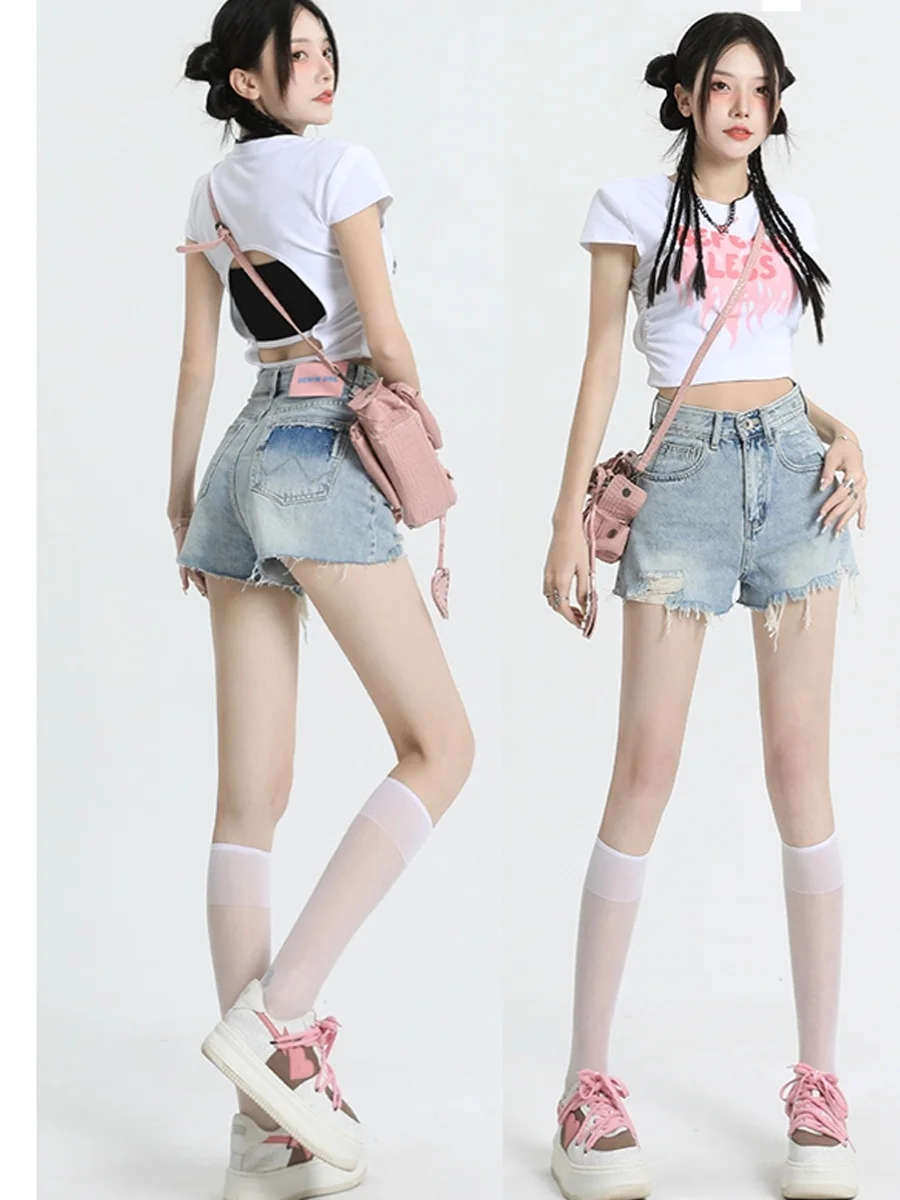 

Джинсовые шорты с высокой талией, легкие, летние, новые, больших размеров, с расклешенным низом, А-силуэт, прямые, повседневные