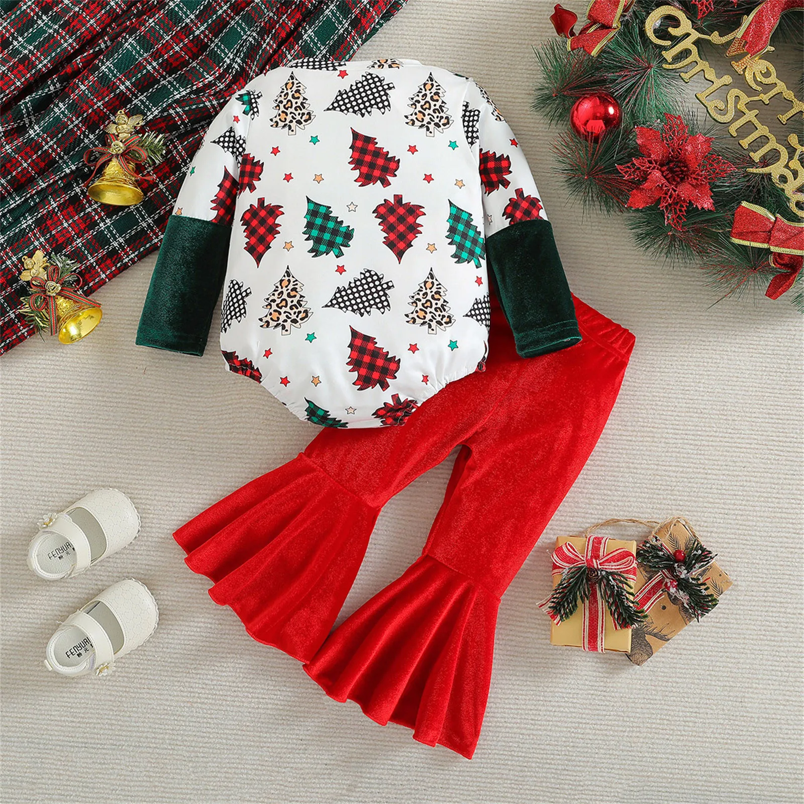 Kerst Tweedelige Sets Baby Meisjes Kerst Kleding Kerstboom Print Lange Mouwen Romper Fluwelen Flare Broek 0-18M Herfst Outfit