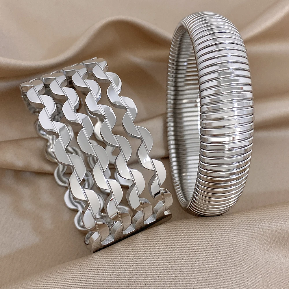 Creative Striped Multi-layer Wavy Stainless Steel Bangle for Women Silvery Waterproof Spring Wide Bracelet Non Fade Jewelry New
