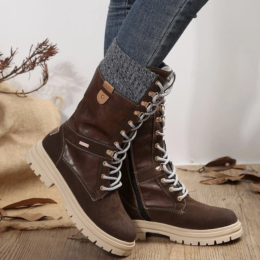 

2025 Black Boots Women Shoes Knee High Women Casual Vintage Retro Mid-Calf Boots Lace Up Thick Heels Shoes Plus Size 40 41 42 43