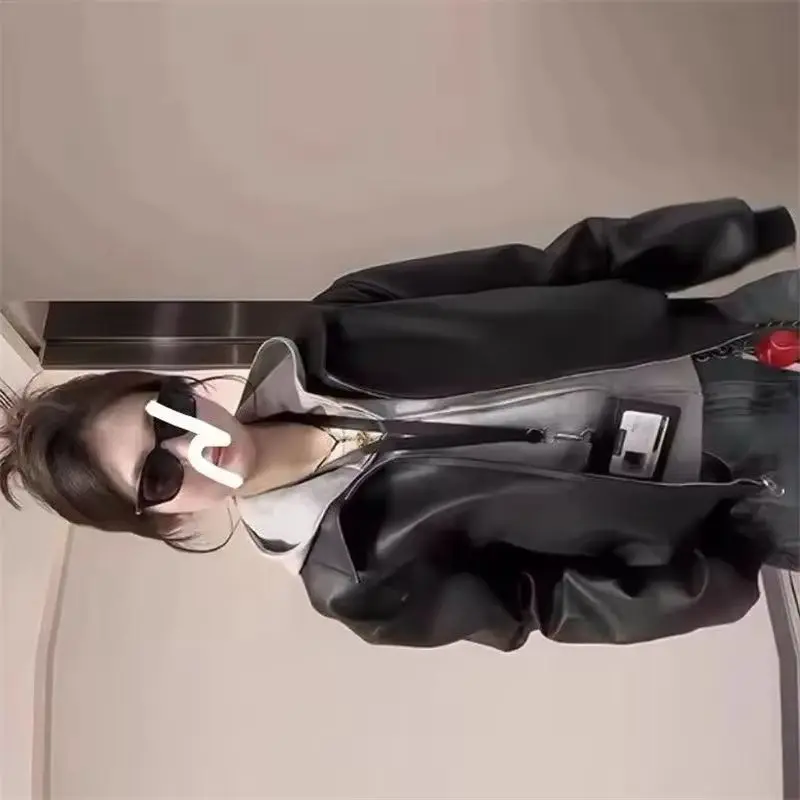 أسود ريترو دراجة نارية فو سترة جلدية السيدات جديد ربيع الخريف نمط قصير الاتجاه تنوعا سستة بولي معطف معطف جلد أبلى