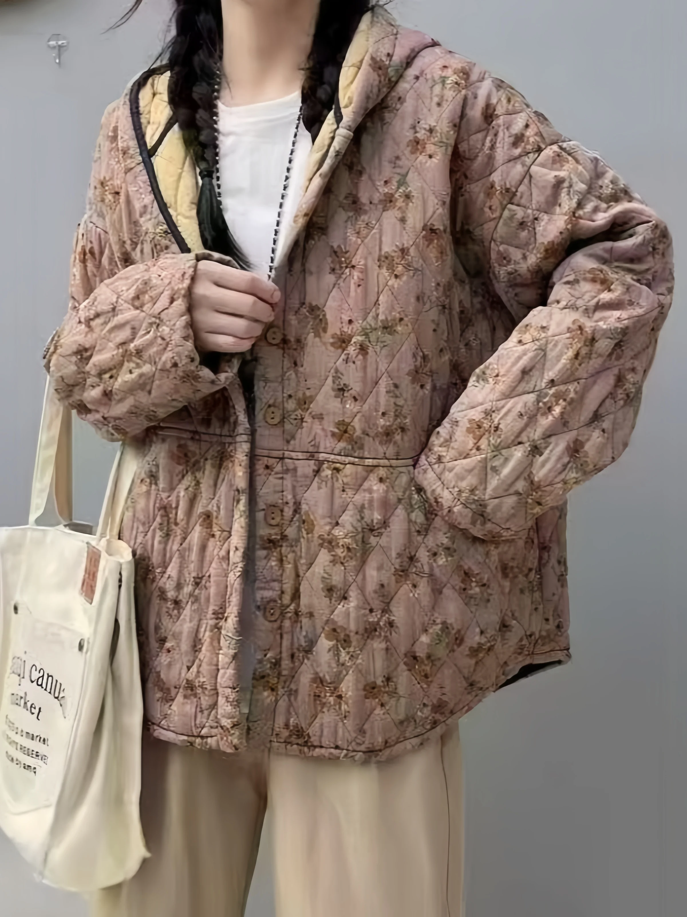 Retro Floral Print Cotton Jacket Women's Loose Fit Warmth Hooded Insert Cotton Autumn Winter Outerwear Ladies Fashion