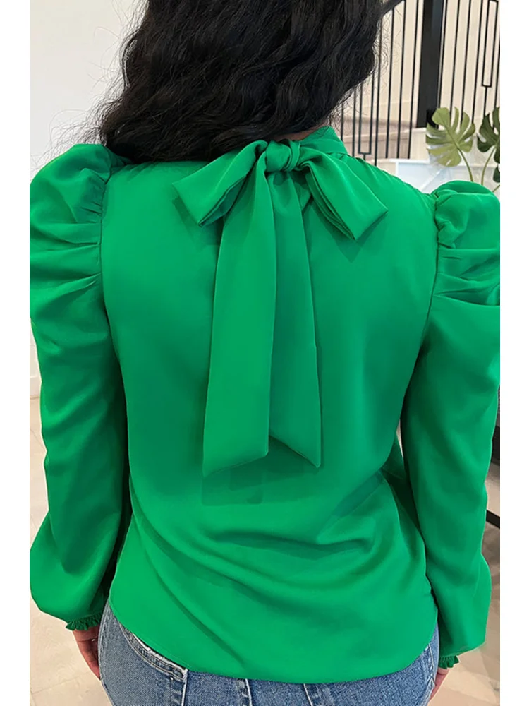 Women's Bow Back Stand Collar Puffy Long-sleeved Shirt Solid Color Top Autumn/Winter 2023 New Shirt Office Ladies Work Shirt