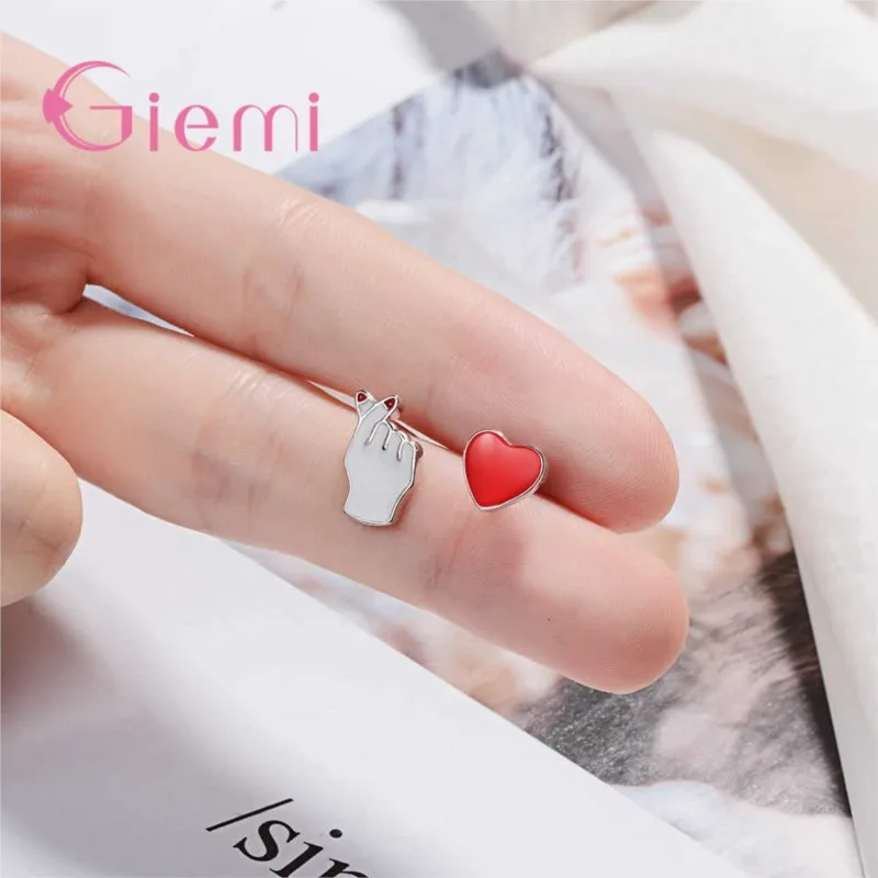 Romantic New Latest Red Heart Hand Shape Stud Earrings For Girl Women 925 Sterling Silver Jewelry Brincos Wholesale Price