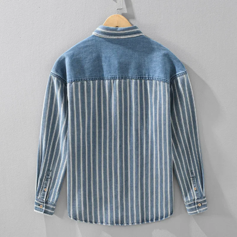 

2438 Spring Autumn Fashion Denim Patchwork Shirt for Men Good Quality Cotton Blended Long Sleeve Classic Vintage Striped Blouses
