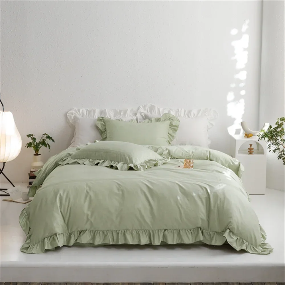 Svetanya Light Green Flounce 600TC Bedding Set Egyptian Cotton Duvet Cover Set Queen King Size Bedlinens Fitted Sheet