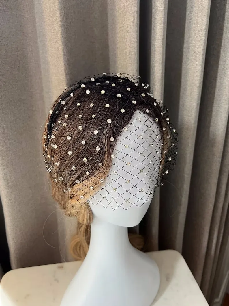 Véus de casamento para noiva birdcage véu branco preto completo brilhante strass fascinator elegante bandana véu acessórios encantadores