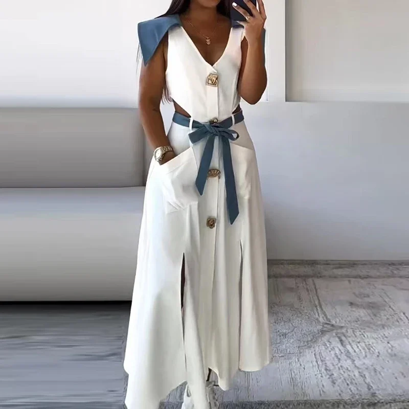 Women Single Breasted Hollow Waist High Street Dress New Pockets Pleat Dress Lady Fashion Contract Color Office Long Dress