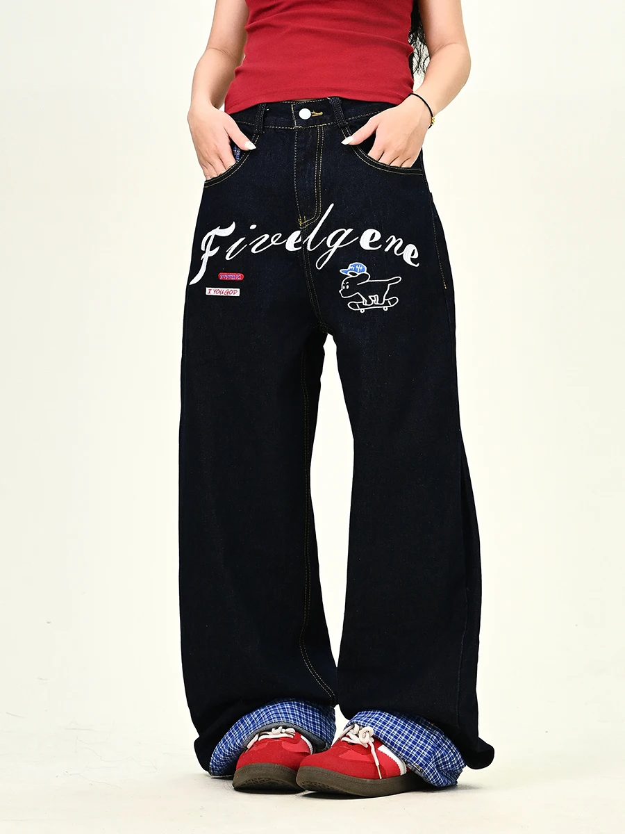 

Bla Plaid Letter Embroidery Jeans Women's Loose BF Floor-Length Pants Spring New Sle Comfortable Wear Resistant