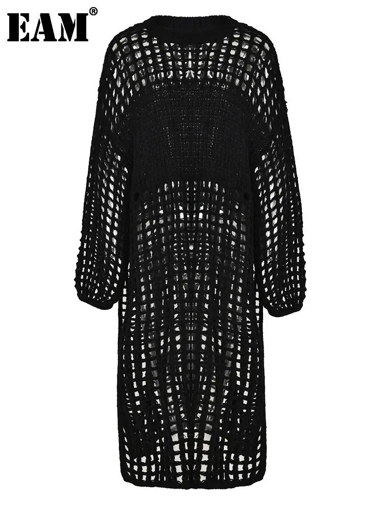 [EAM] Women Black Knittng Hollow Out Big Size Long Dress New Round Neck Long Sleeve Fashion Tide Spring Autumn 2024 5WA10401