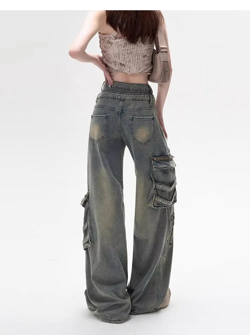 American style large pocket irregular ribbon wide leg jeans women's high street washed new men's loose street clothes floor pant