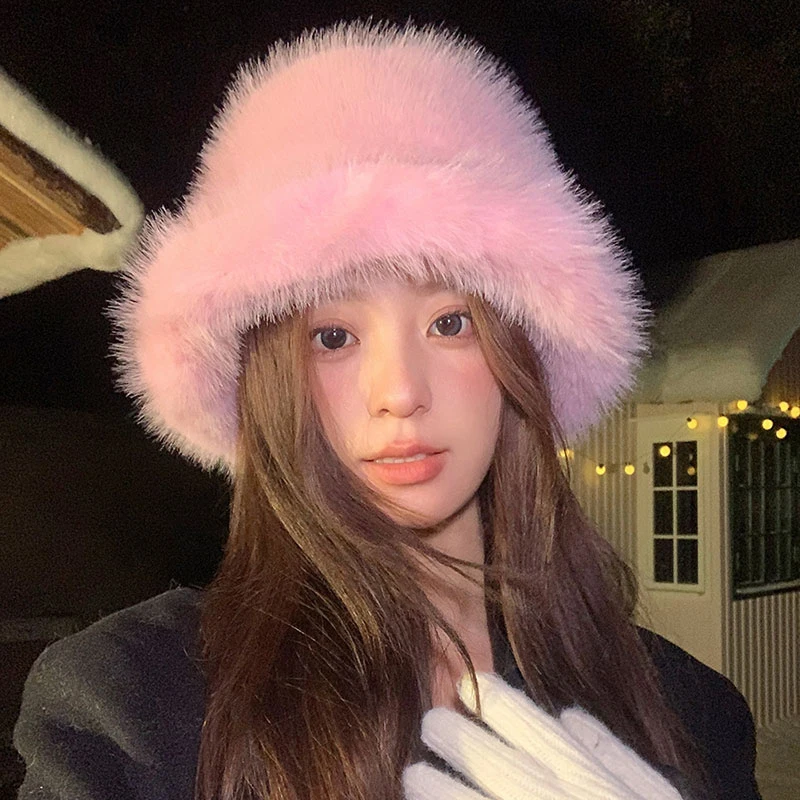 

Pink High-quality Faux Mink Fur Warm Basin Hat For Women's Winter Fluffy Warm Fisherman Hat Plush Hat Fashion Plush Hat 2025