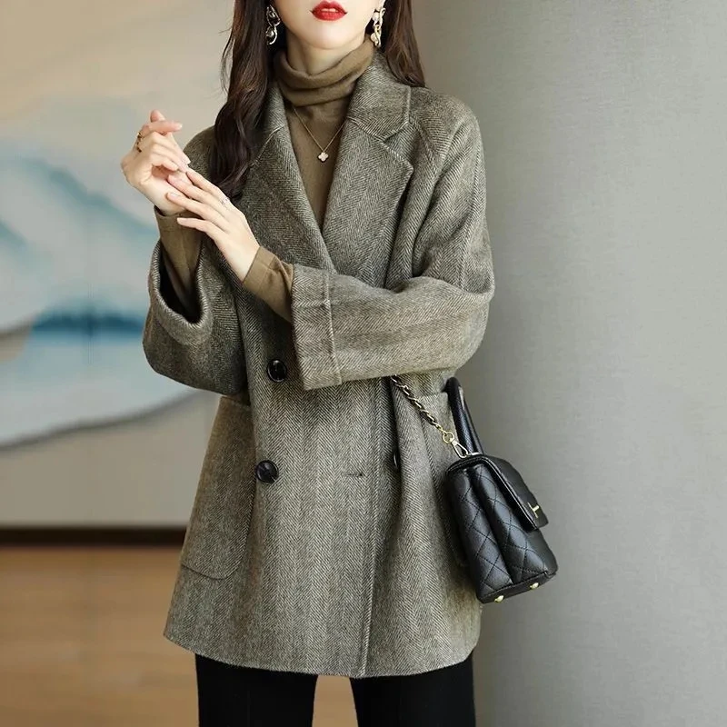 Autumn Winter New Woolen Coat Women\'s Coat Thickened Slim Temperament Long Slim Versatile Single-Breasted Buttons Overcoat