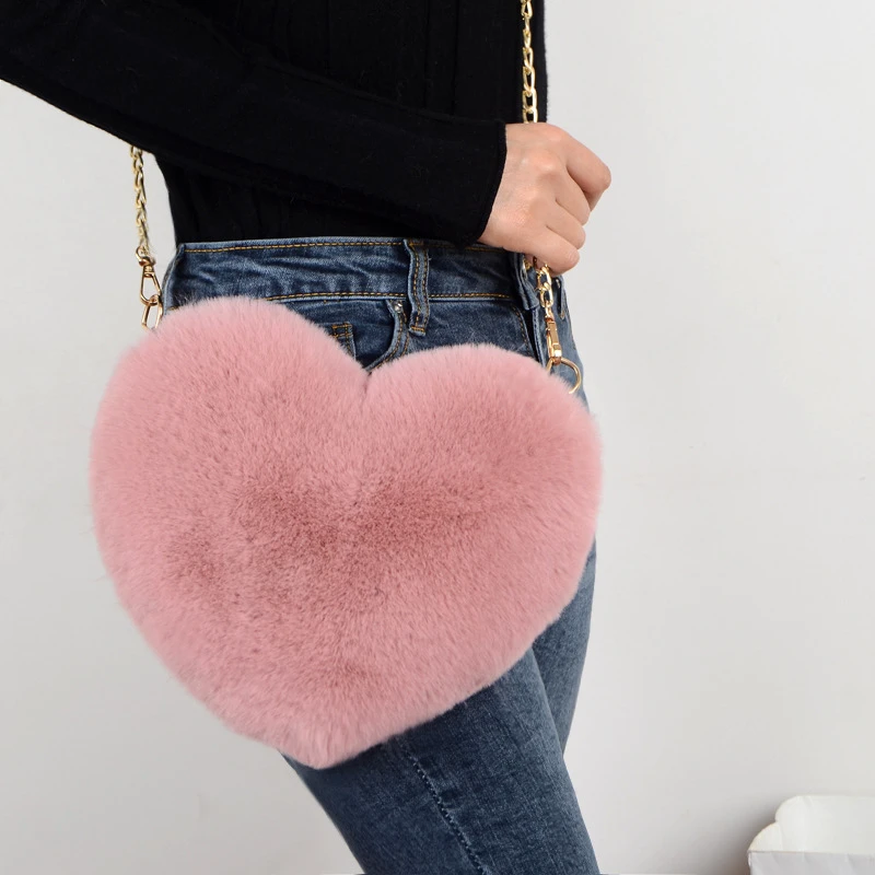 Mode frauen Herzförmige Handtaschen Nette Kawaii Faux Pelz Umhängetaschen Geldbörse Plüsch Kette Schulter Tasche Dame Handtasche – Detail 5