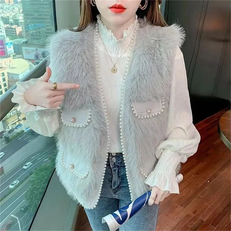 Vest Women 203 Autumn/Winter New Fox Hair Nail Beads Loose Fur Jacket Quilted Fragrant Plush Vest Coat Female Fur Coat Beading