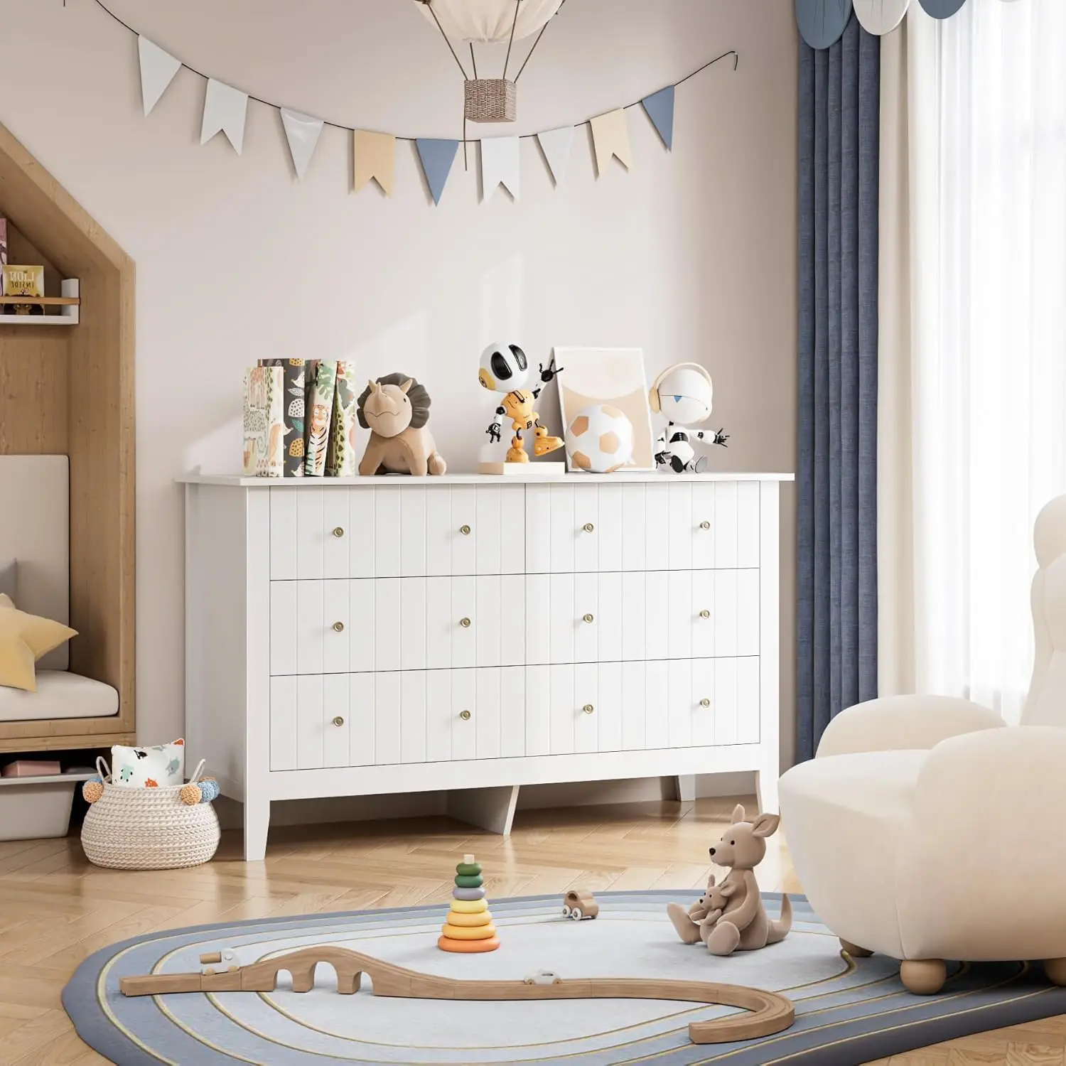 خزانة ملابس بيضاء ذات 6 أدراج، وخزانة تخزين حديثة لغرفة المعيشة