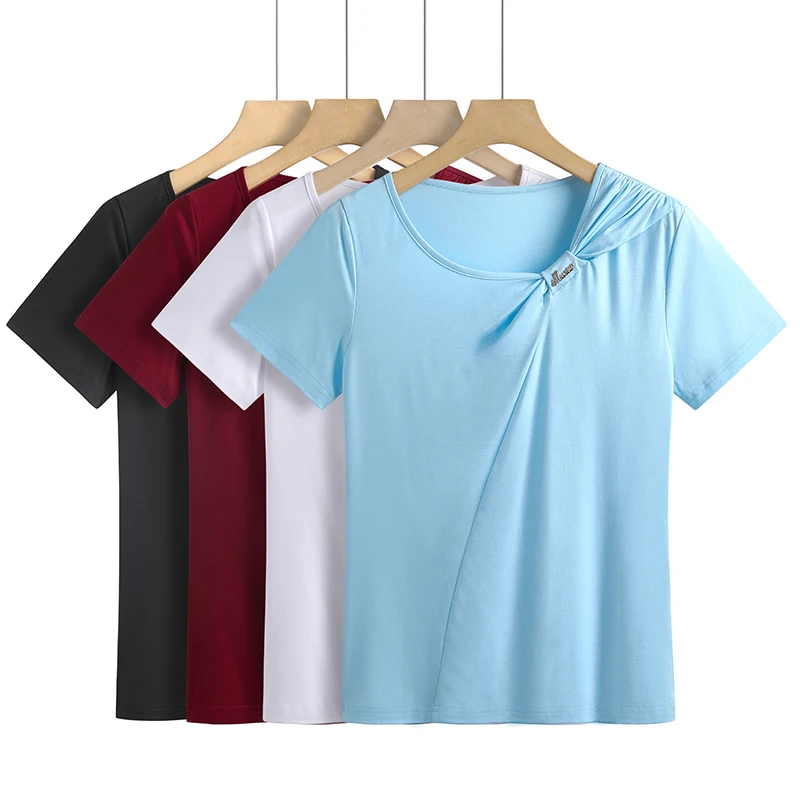 2023 Summer New Solid Short Sleeve Women's T-shirt Round Neck Cotton Splice Comfortable Fashion Casual Fit Pure Cotton Top