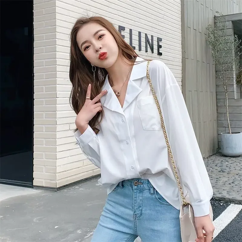 Collar Formal Clothes Office Outfits Womens Shirt & Blouse Red Loose Button Up Wear To Work Tops for Women White S Vintage Cool