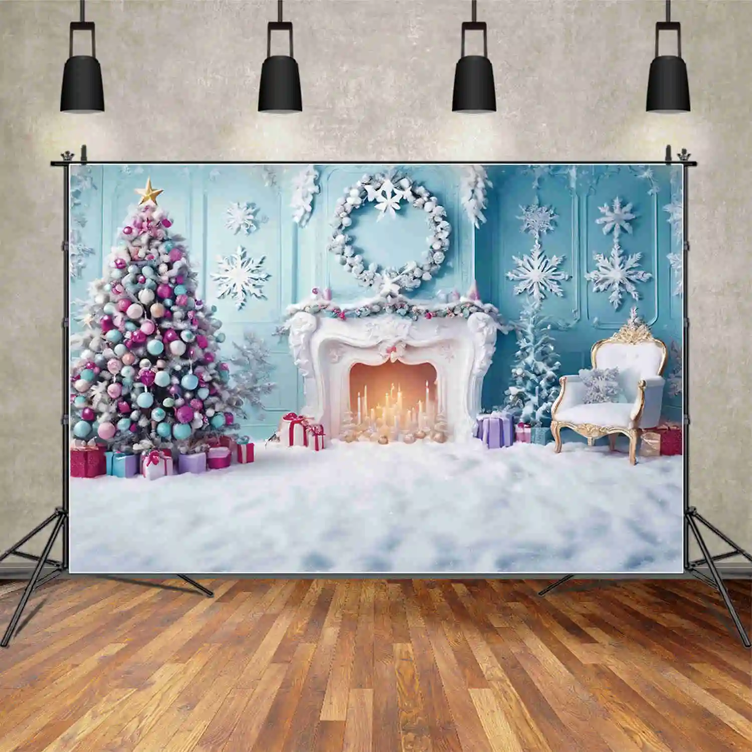 MOON.QG Christmas 2025 Backdrops Lighting Fireplace Trees Western Living Room Backgrounds Party Decoration Photography Props