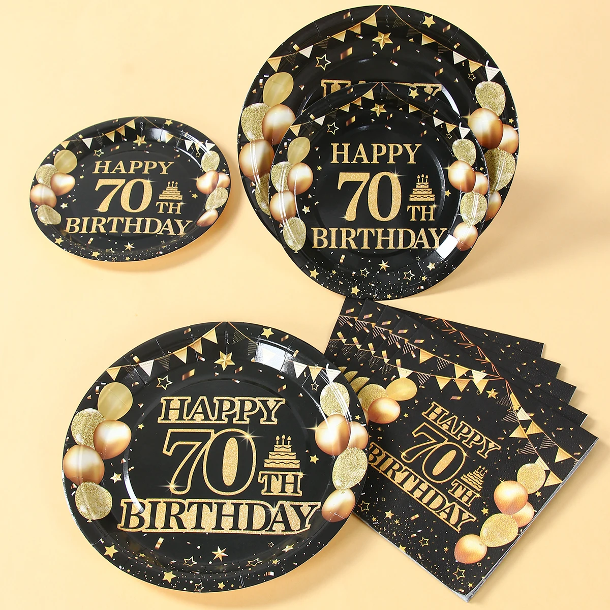 70th حفلة عيد ميلاد أدوات المائدة أطباق ورقية المناديل أكواب الذهب الأسود عيد ميلاد الديكور الرجال النساء 70 سنة عيد ميلاد الديكور