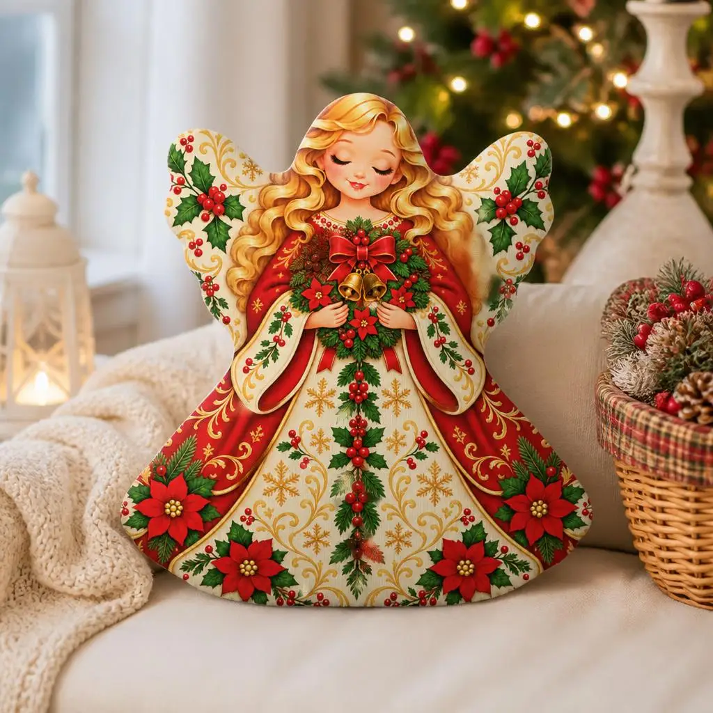 Christmas Angel Shaped Throw Pillow Holiday Cushion with Poinsettia and Holly Stuffed Plush Decor for Sofa Bed Gift Winter