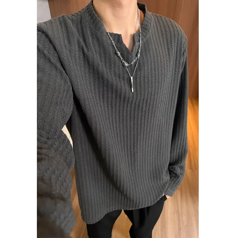 Pop Autumn Long Sleeved T-shirt Men Solid Color Casual V-neck T Shirt Men Streetwear Korean Loose Pullover Stripe T Shirt Mens T