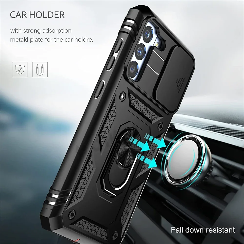 Kickstand Camera Slide Lens Capa Protetora Robusta, Capa para Samsung S23, S22, S21, FE, Nota 20 Ultra, A52, A32, A12, A32, 5G