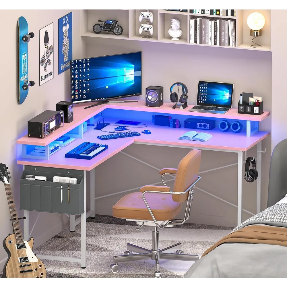 

L Shaped Computer Desk with Power Outlets, Gaming Desk L Shaped with LED Lights, Corner Desk with Storage Shelves, 47''