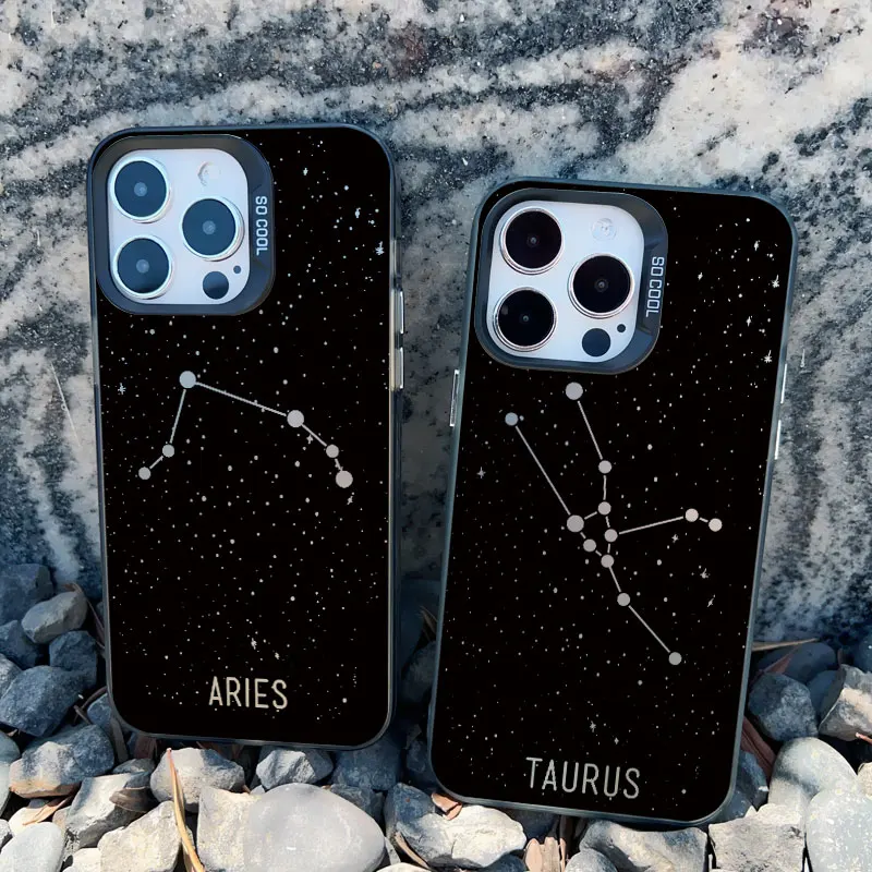 Twelve constellations Phone Cases For iPhone 16 14 Plus 11 12 13 14 15 Pro Max 13 Mini Shockproof Matte Laser Black Back Covers