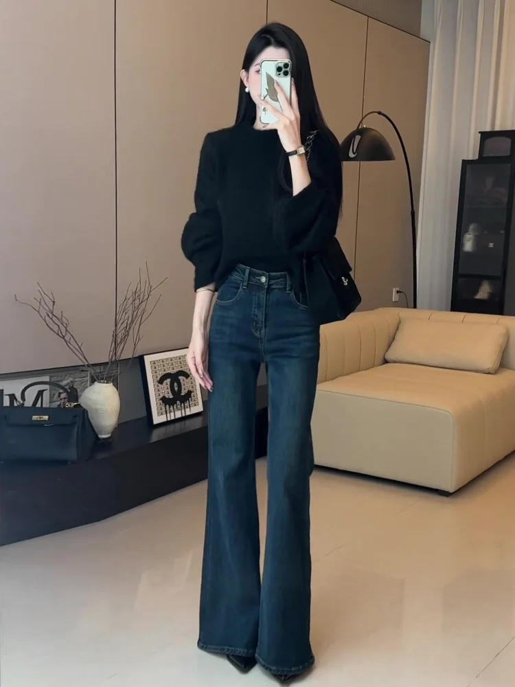 حجم كبير Fce اصطف ثي واسعة الساق الجينز المرأة الخريف الشتاء عالية الخصر التخسيس نحيل الجينز متوهج طماق