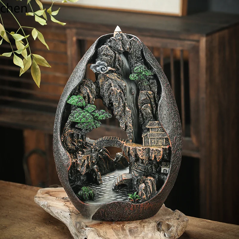 HT Alpine Water Flow Backflow Incense Burner Ceramic Smoke Viewing Home Decor Creative Incense Holder Resin Craft