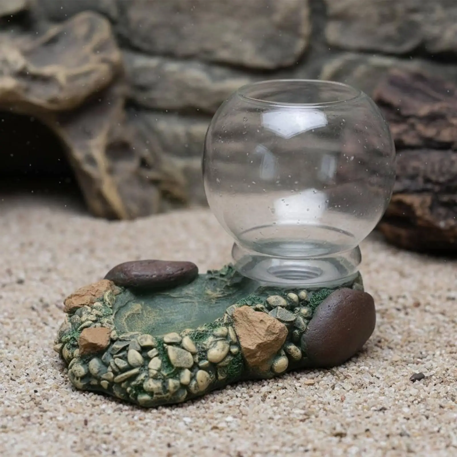 Reptile Terrarium Accessory Auto Water Supply Bowl Feeder for Gecko Habitat Resin Stone Texture Decor