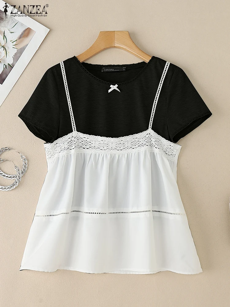 

ZANZEA Lace Patchwork Tops Women Short Sleeve Tunic Fashion Summer Blouse 2025 Casual Loose Beach Blusas Oversized S-3XL